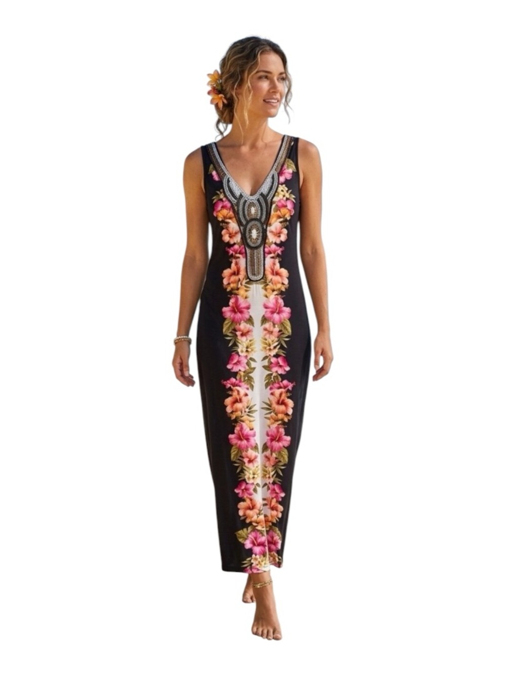 Boston Proper Women's M Beaded V-Neck Floral Lined Maxi Dress NEW